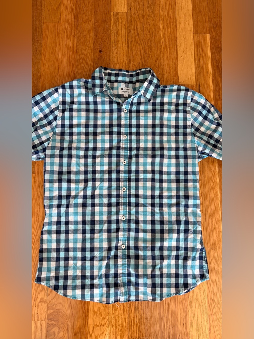 Sperry Boys Blue & White Plaid Short Sleeve Button-Up Shirt Medium EUC!!!